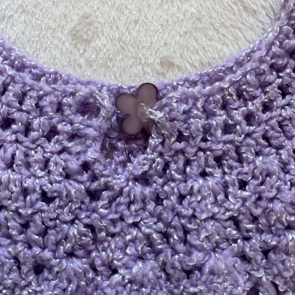 Girls Purple Knit Shirt Dress with Flower Button, Handmade - Picture 4 of 8